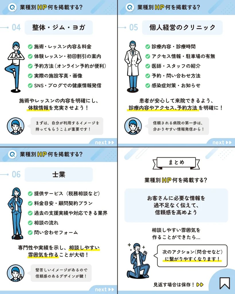 業種別のホームページ掲載内容