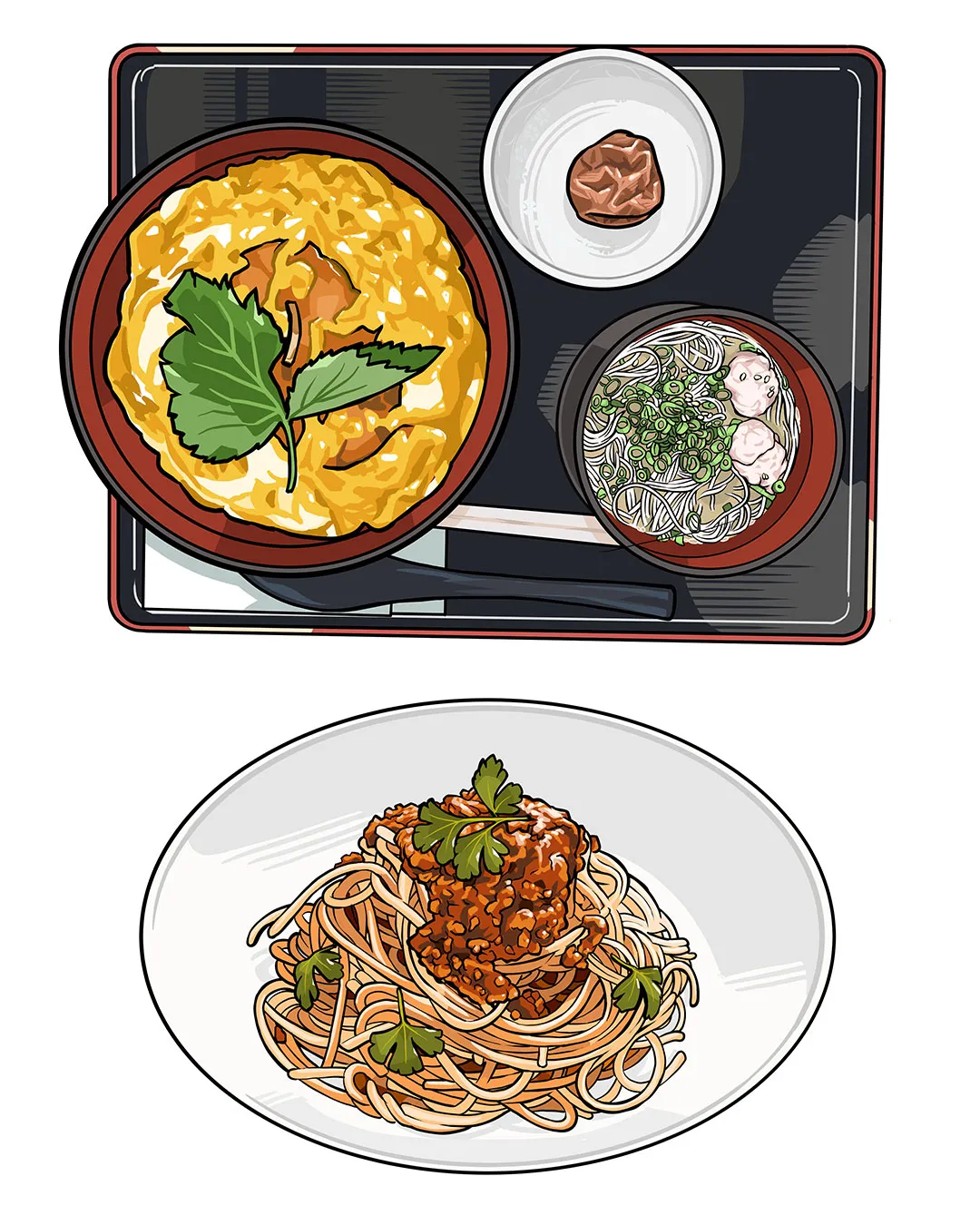 親子丼とパスタ